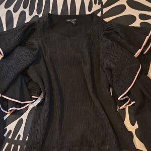 Club Monaco Max RUFFLES Black Textured Blouse with Pale Pink Trim